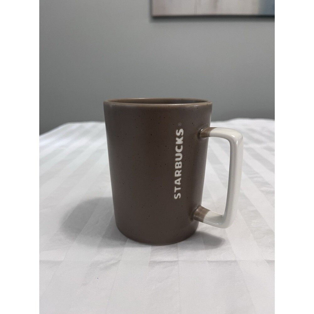 Starbucks 2016 Mug Brown Tan Dipped Speckled White Square Handle 12oz NWOT